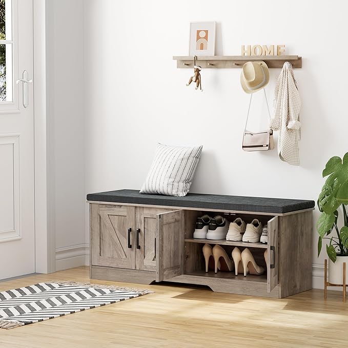 2-Tier Storage Bench, Shoe Bench with Padded Seat Cushion, Entryway Bench with 4 Barn Doors, Adjustable Shelf, 13.8" D x 47.2" W x 17.7" H, for Entryway, Living Room, Bedroom, Greige-PurrikoPets