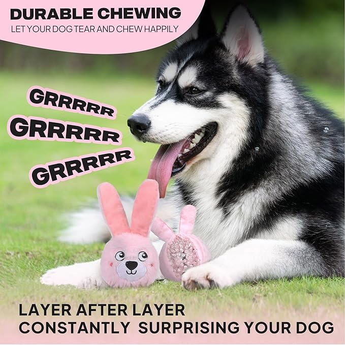 Fida Squeaky Dog Toys for Aggressive Chewers 3 in 1, Dog Chew Toys with 3 Layers,Interactive Dog Toys for Large Dogs Balls to Keep Them Busy for Small Medium Dogs(Pink Bunny)-PurrikoPets