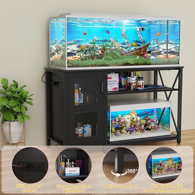 55-75 Gallon Fish Tank Stand , Aquarium Stand with Cabinet & Power Outlets for Fish Tank Accessories Storage, Heavy Duty Metal Terrarium Stand, 52" L*19" W Tabletop, 1200LBS Capacity, Black-PurrikoPets