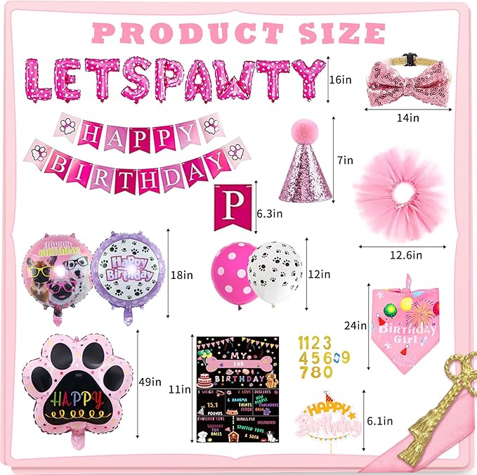 Dog Party Supplies Decorations - Cute Bandana, Let's Pawty Banner, Cake Topper, Hat, Pink Bowtie, Tutu Skirt, Paw Balloon for Birthday Celebration-PurrikoPets
