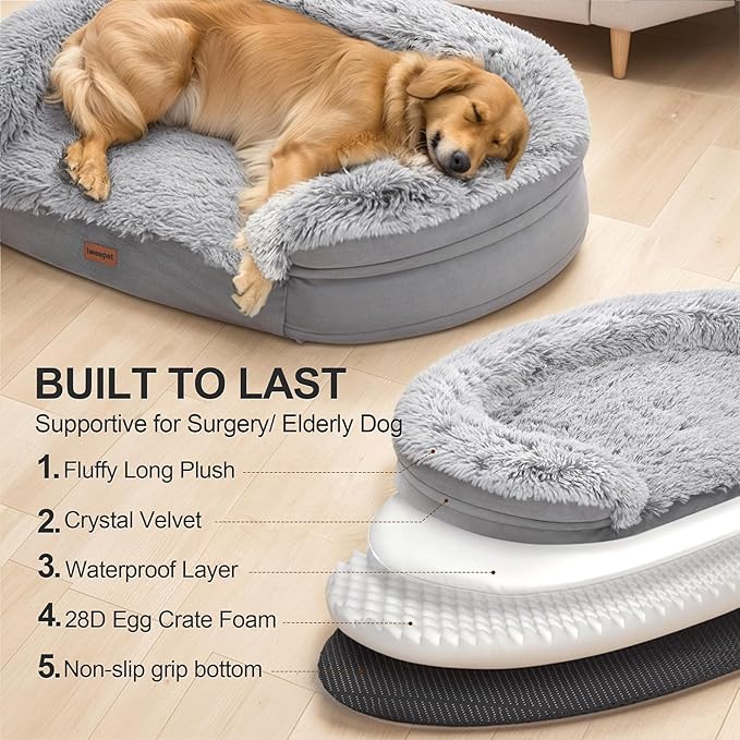 3.7 inch Thickened Orthopedic Dog Beds for Large Dogs, Supportive Dog Sofa Bed with 28D Egg-Crate Foam, Removable Washable Plush Cover, Waterproof Lining, Half-Round Design for Puppy, Senior Dog-PurrikoPets