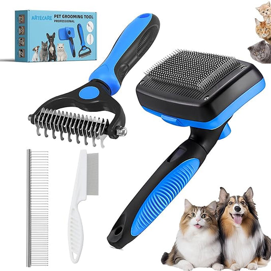 4 in 1 Cat Grooming Brush Self Cleaning Slicker Brush Dematting Tool for Dogs & Cats Haired Pets Skin Friendly, Deshedding Tool, Suitable for Pet Supplies Accessories, Blue-PurrikoPets