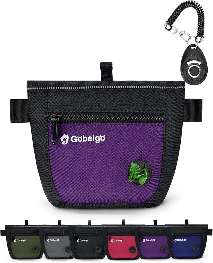 Gobeigo Dog Treat Pouch and Training Clicker, Upgrade Two Magnetic Closure to Prevent Spills, 2 Cup Treat Bag with Poop Bag Dispenser, Metal Clip Waist Belt Fanny Pack for Pet Walk (Black/Purple)-PurrikoPets
