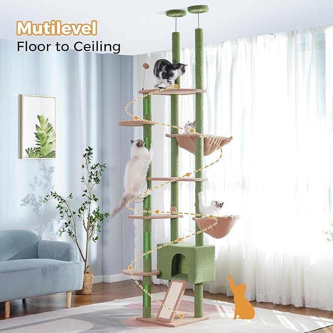 Floor to Ceiling Cat Tree Tall Cat Tower with Adjustable Height (81.8-108 Inches) with Fully Scratching Post Private Condo and Hammock for Indoor Cats (Green, Triple Dule Posts)-PurrikoPets