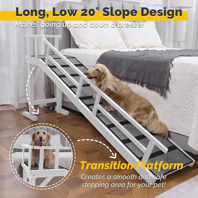 Dog Ramp for Bed or Couch, Wooden Pet Ramp with 20° Gentle Slope, Removable Side Rails, Non-Slip Surface, Top Platform & Wheels, Safe Bed Ramp for Small, Medium & Senior Dogs, 74" Long, White-PurrikoPets