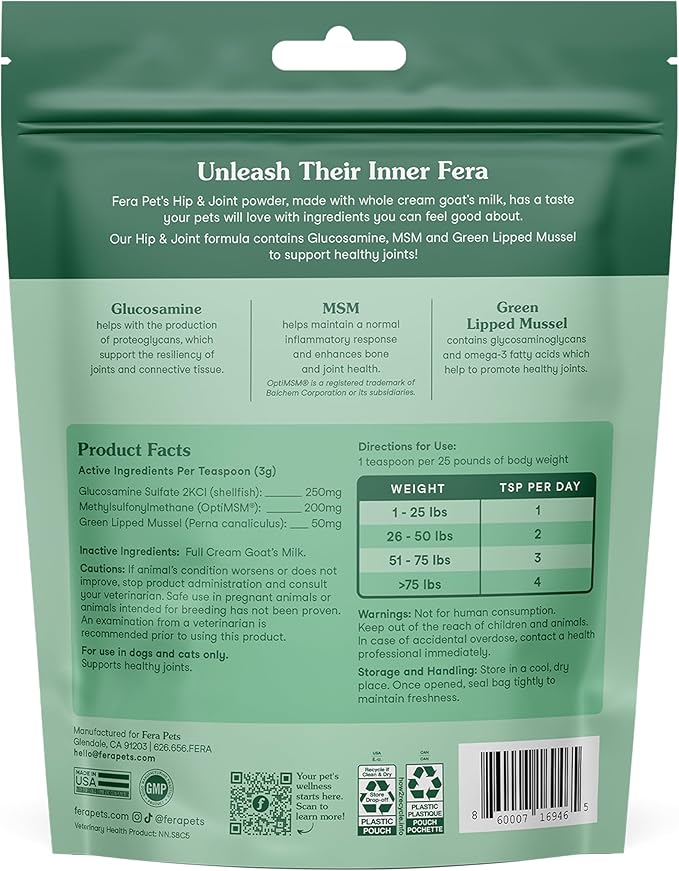 Fera Pets Goat Milk - Cat & Dog Hip and Joint Support with Glucosamine, MSM & Green Lipped Mussel - Supports Flexibility, Mobility & Bone Health - for Picky Eaters - 60 TSP-PurrikoPets