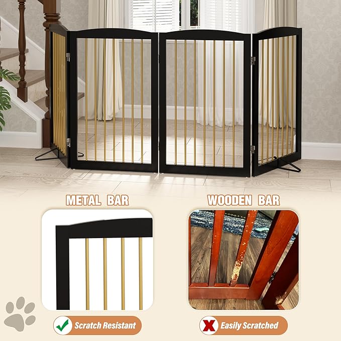 Freestanding Pet Gate for Dogs, Indoor Wooden Dog Gate for House, Foldable Dog Gate for Doorway, Stair, Step Over Pet Puppy Safety Fence Tall, 80 Inch Wide, 4 Panels 32", Black & Gold-PurrikoPets