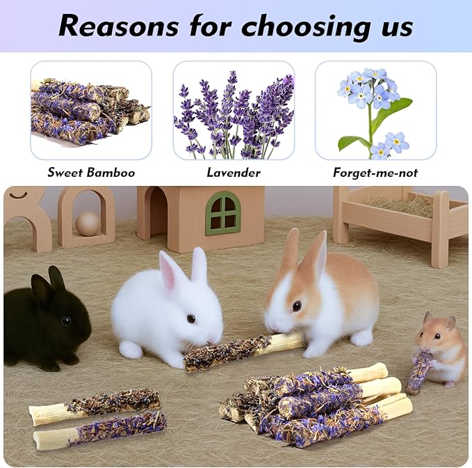Abizoo Sweet Bamboo Rabbit Chew Sticks Treats and Toys 8Pcs Natural Hay with Forget-Me-Not Lavender for Bunny Guinea Pig Chinchilla Dental Care-PurrikoPets