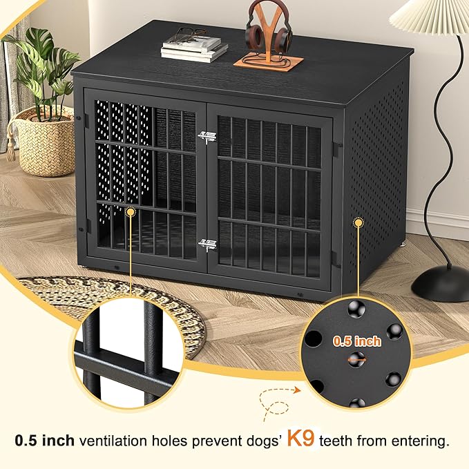 42" Heavy Duty Dog Crate Furniture for Large and Medium Dogs, Enclosed Design Wooden Metal Kennel, Wooden Cage Furniture Indoor, Decorative Dog Kennel End Table-PurrikoPets