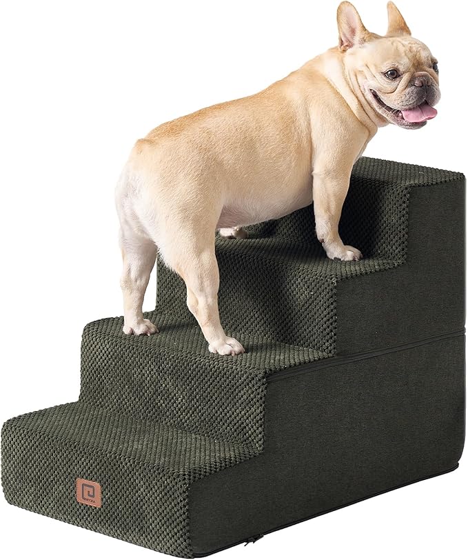 EHEYCIGA Dog Stairs for Bed 18" H, 4-Step Dog Steps for High Bed, Pet Steps for Small Dogs and Cats, Non-Slip Balanced Pet Ramp Indoor, Olive Green-PurrikoPets