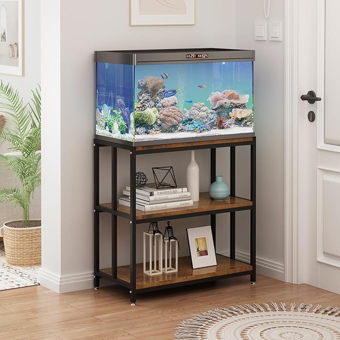 20 Gallon Metal Aquarium Stand with Shelves for Fish Tank Accessories Storage, Reptile Tank Turtle Terrariums Stand for Home Office (Black)-PurrikoPets