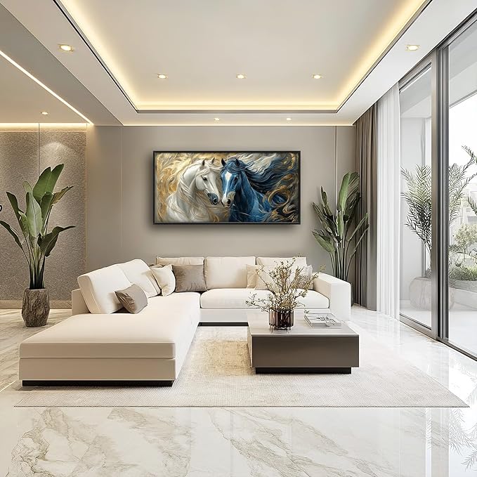 Framed Large Horse Wall Art for Living Room, Oversized Abstract Horses Wall Decor Blue and Golden Canvas Painting Animal Pictures Modern Artwork for Living Room Bedroom Office 60"x30"-PurrikoPets