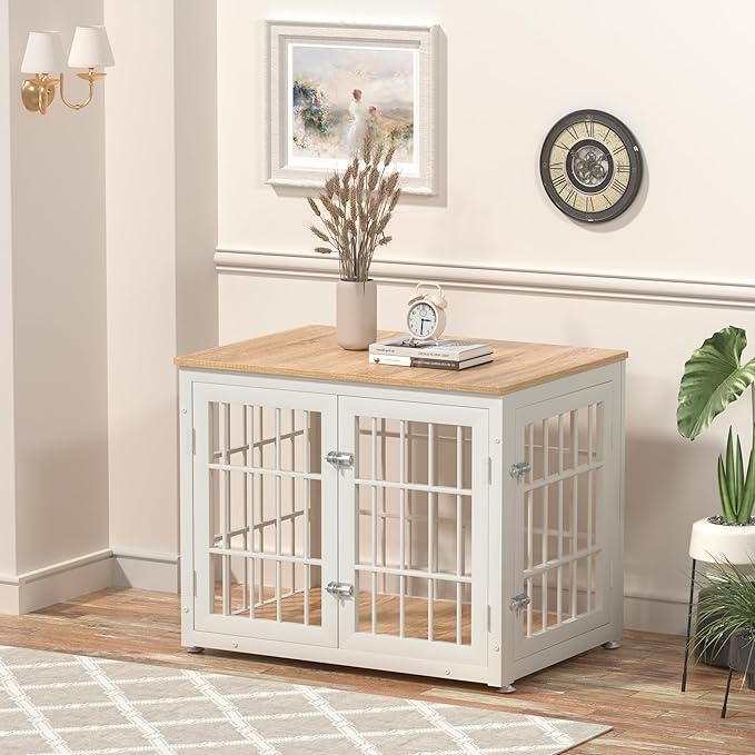 32 Inch Heavy Duty Dog Crate Furniture for Medium and Small Dogs, Decorative Pet House End Table, Wooden Cage Kennel Furniture Indoor, Natural and White-PurrikoPets