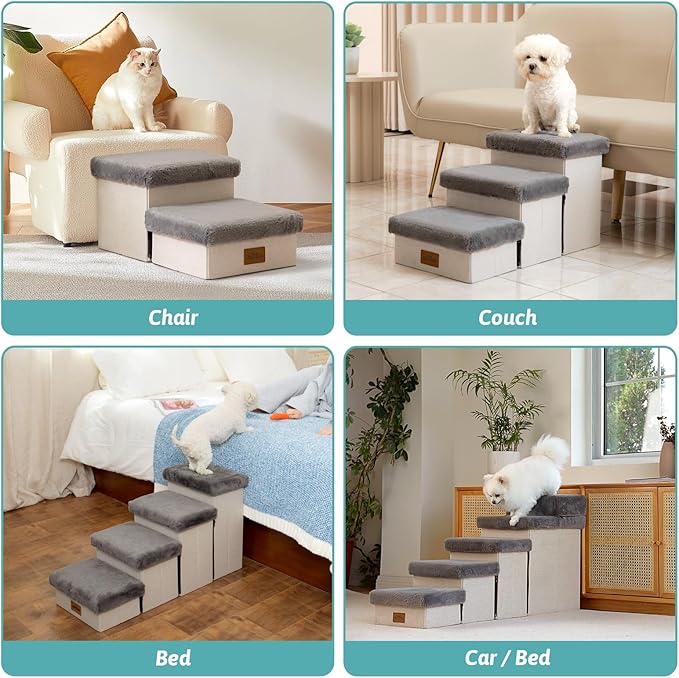 Dog Stair for Small Dogs with Storage, Foldable Pet Step with Soft Cover, Older Cat Ramp for Chair Couch Sofa, Lightweight, Durable, Comfort, 39.7x13x21.2 inch, 5 Tiers, Grey-PurrikoPets