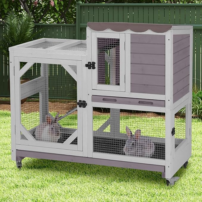 Aivituvin Rabbit Cage Indoor Outdoor Bunny Hutch on Wheels, 2 Story Wood Guinea Pig Cages with 2 Deeper Pull Out Trays (Gray)-PurrikoPets