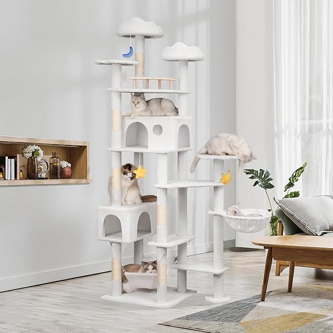 85in Tall Cat Tower for Heavy Duty Big Cats, Large Cat Tree with Scratching Post, Plush Perches, Cozy Cat Condos & Hanging Hammocks for Maine Coon, White-PurrikoPets