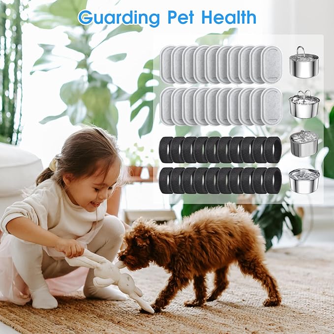 40 Pack Cat Water Fountain Filters-Cat Fountain Replacement Filters for Stainless Steel 108/3.2L& 67oz/2L Adjustable Water Flow Pet Water Fountain(20 Pack Pet Water Filter Refills+20 Pack Sponges)-PurrikoPets