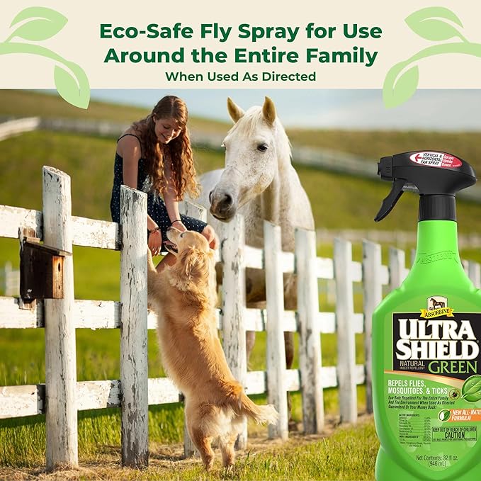 Absorbine UltraShield Green All-Natural Fly & Insect Repellent for Horses & Dogs, Essential Oils Repel & Control, 32oz Spray Bottle-PurrikoPets