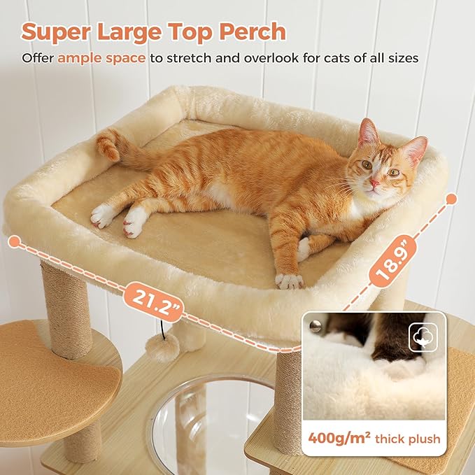 71" Tall Wood Cat Tree for Large Cats, Modern Cat Tower with 2 Acrylic Bowls, Large Top Perch, Spacious Cat Cave (Soft Cushion Included), 10 Sisal Scratching Posts and Non-Slip Jump Platforms-PurrikoPets