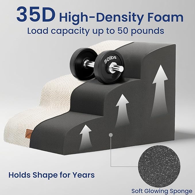 GoGoBunny Ramp Dog Stairs for Couch Sofa and Chair 15.7" H, 3-Step Pet Steps for Small Dogs and Cats, Non-Slip Waterproof Fabric Cover, Stable and Balanced Indoor Step, Pets Friendly, Beige-PurrikoPets