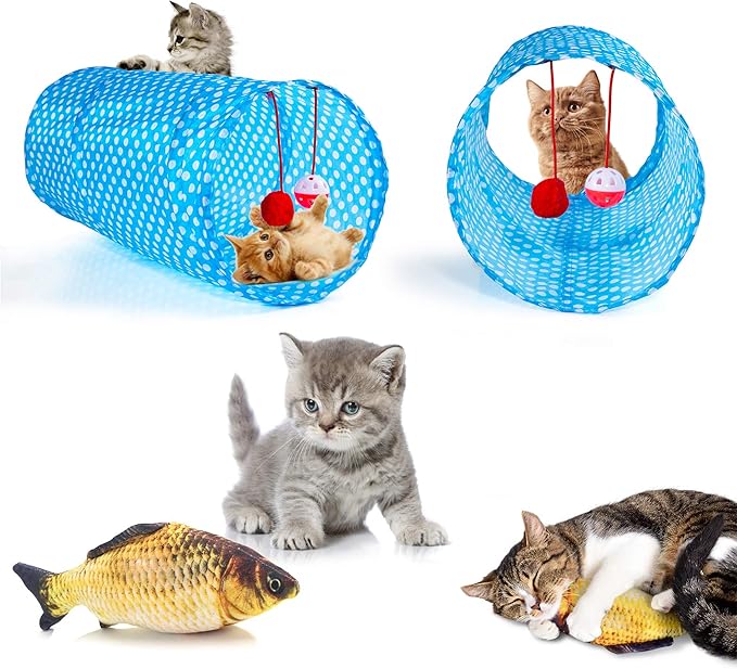 AILUKI 35 PCS Cat Toys Kitten Toys Assortments,Variety Catnip Toy Set Including 2 Way Tunnel,Cat Feather Teaser,Catnip Fish,Mice,Colorful Balls and Bells for Cat,Puppy,Kitty-PurrikoPets