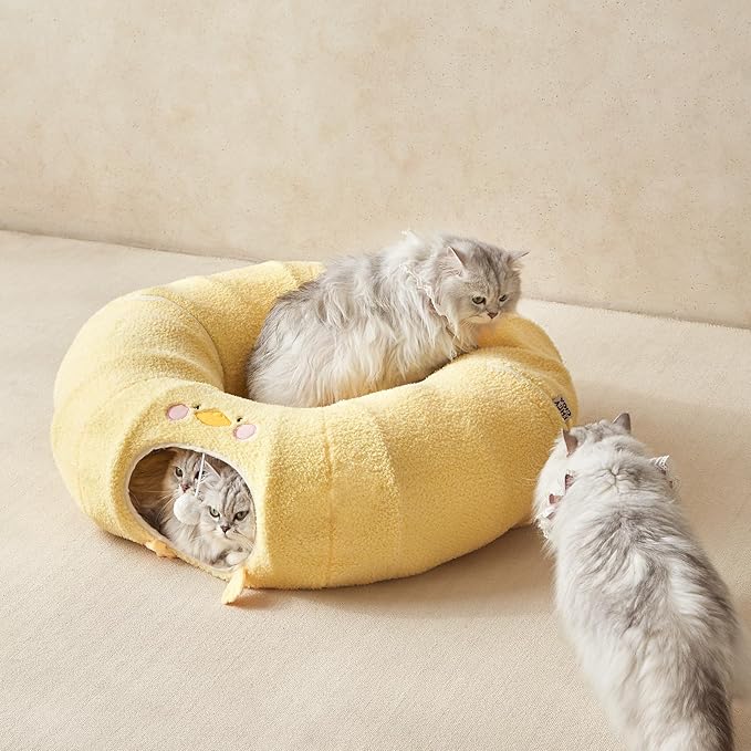 EHEYCIGA Cat Tunnel Bed for Indoor Cats, Cute Cat Donut Toy Tunnel for Small Large Cats with Washable Circle Cushion, Peekaboo Pet Cave Play Tunnel for Kitten, Puppy, Rabbit-PurrikoPets