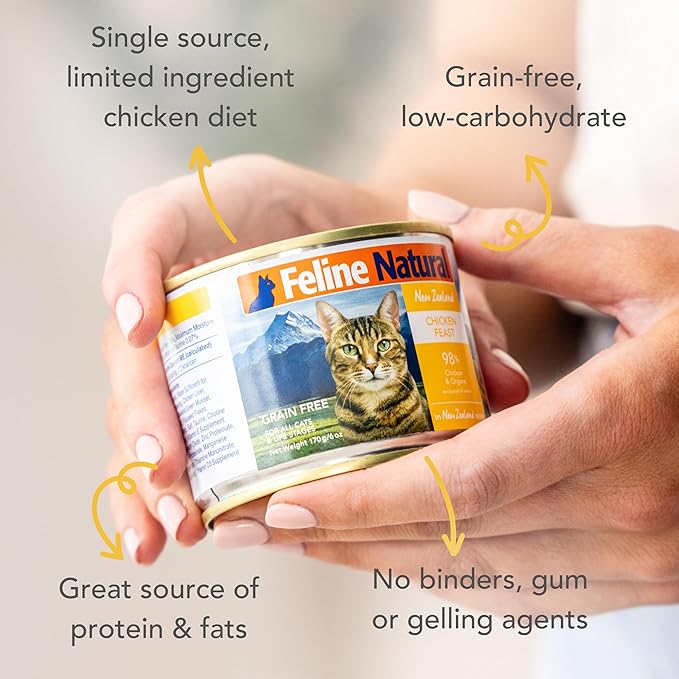 Feline Natural New Zealand Canned Catfood Wet Food, High-Meat, Low-Carb, & Grain Free Cat Food Wet, Chicken Feast, 6 oz, Pack of 12-PurrikoPets