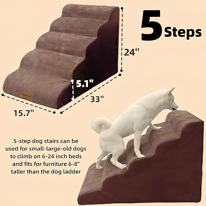 Dog Stairs & Pet Ramp for Small/Large Dogs to High Beds/Couches - 5 Steps 24-inch Height for 18-30 inch Furniture, 2 Washable Covers (Brown, Grey), Non-Slip Balanced 33D Design for Old Dogs & Cats-PurrikoPets