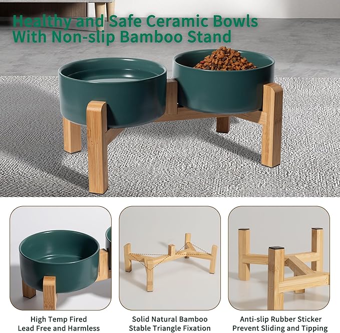 Elevated Ceramic Dog Bowl Set - Raised Dog Bowls with Non-Slip Bamboo Stand - Dog Food and Water Bowl Set - Double Dog Feeding Bowls - Suitable for Small and Medium Dogs - 28.74 OZ - 3.6 CUPS - 850 ML-PurrikoPets
