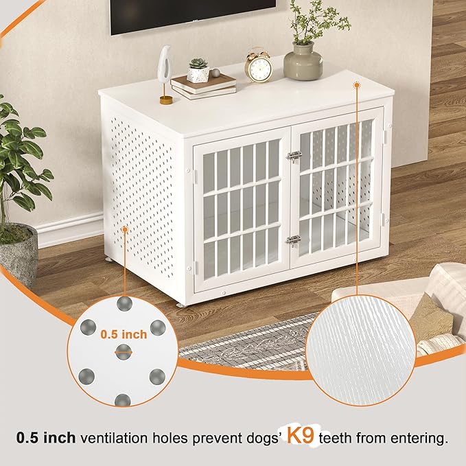 38" Heavy Duty Dog Crate Furniture for Large and Medium Dogs,Wooden Metal Kennel for High Anxiety Dogs, Chew Proof Pet Cage Indoor, Decorative Dog Kennel End Table, White-PurrikoPets