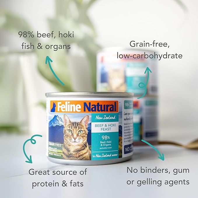 Feline Natural New Zealand Canned Catfood Wet Food, High-Meat, Low-Carb, & Grain Free Cat Food Wet, Beef & Hoki Feast, 6 oz, Pack of 12-PurrikoPets