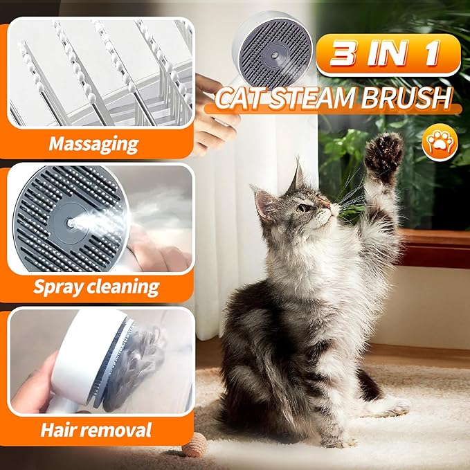 3 in 1 Cat Steam Brush, Self-Cleaning Anti-Static Pet Spray Hair Removal Comb for Cats with Release Button and Tank, Rechargeable Steam Brush for Shedding, Massage and Cleaning-PurrikoPets