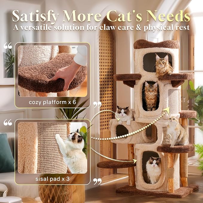 69.69'' Modern Cat Tree for Indoor Cats Large Adult, Luxury Cat Tower with Scratching Post, Multi Level Spacious Condo, Heavy Duty Kitty House, Sturdy Cat Activity Center for Large Cat-PurrikoPets