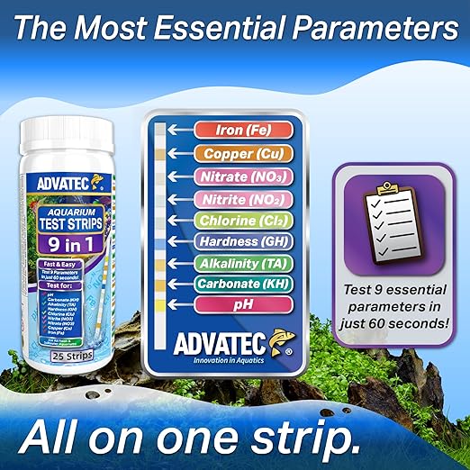 9 in 1 Aquarium Test Strips for Salt & Freshwater, Fish Tank Tester Kit for Iron, Copper, Carbonate, pH, Nitrate, Nitrite, Chlorine, Total Hardness & Alkalinity - 25 Count-PurrikoPets
