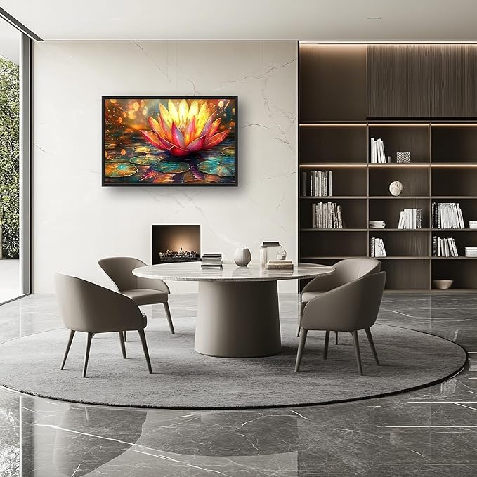 Framed Large Lotus Wall Art for Living Room, Oversized Lotus Flower Wall Decor Zen Golden Floral Canvas Painting Modern Artwork Home Decoration for Living Room Bedroom Office 36"x24"-PurrikoPets