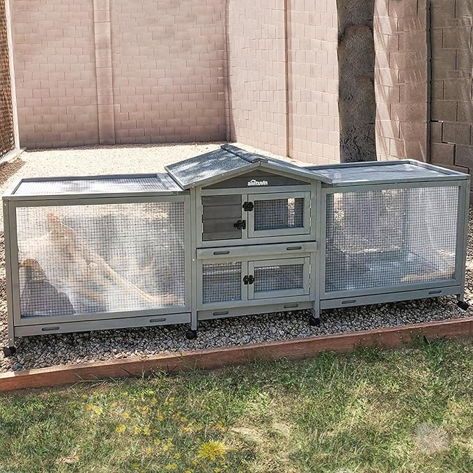 Aivituvin Rabbit Hutch Large 2-Story Bunny Cage Indoor Outdoor on Wheels Bunny House with Run,Pull-Out Tray-PurrikoPets