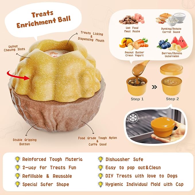 Dog Frozen Treats Toy, Cognitive Dogs Brain Stimulation Toys for Aggressive Chewers, Interactive Dispensing Toy Enrichment Keep Them Busy No-Boredom, Tough Nylon&Coffe Wood Fillable Puzzle Dog Feeder-PurrikoPets