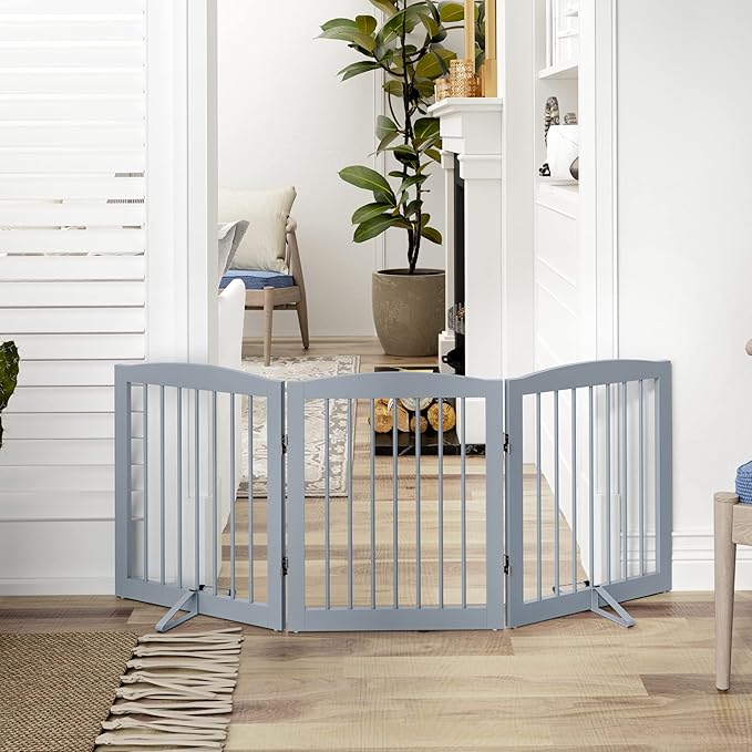 Freestanding Pet Gate for Dogs, Foldable Wooden Dog Gate for House, Indoor Dog Gate for Doorways, Stairs, Gates for Dogs Indoor, Support Feet Included, 24" Height 3 Panels, Grey-PurrikoPets