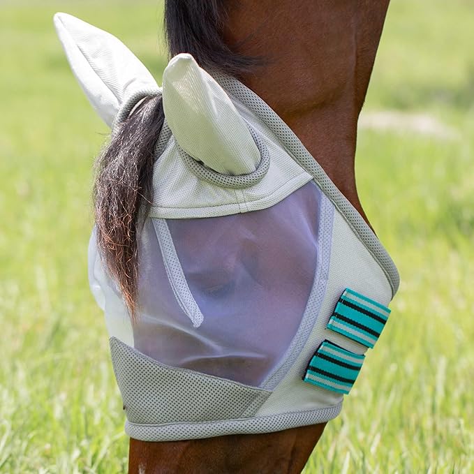 Equinavia Algard Soft Mesh Horse Fly Mask with Ear Protection and 45 UPF Rating | No Eye Irritation & UV Protection - Silver/Turquoise - Warmblood-PurrikoPets