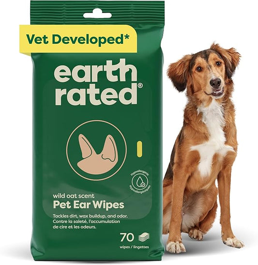 Earth Rated Vet-Developed Pet Ear Wipes, Hypoallergenic Cleaner for Dogs & Cats Ears to Remove Dirt and Wax Build Up, Wild Oat Scent, 70 Count-PurrikoPets