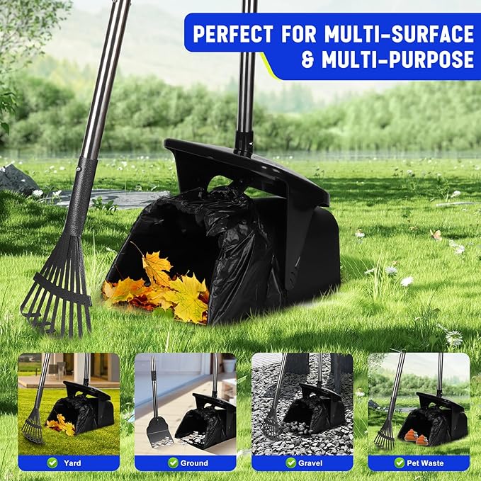 Dog Poop Scooper with 20 Bag Attachment Long Handle Swivel Bin, Rake & Spade Heavy Duty Easy to Clean Pooper Scooper for Large Medium Dogs Pet Waste Removal Solution for Yard, Grass, Gravel-PurrikoPets