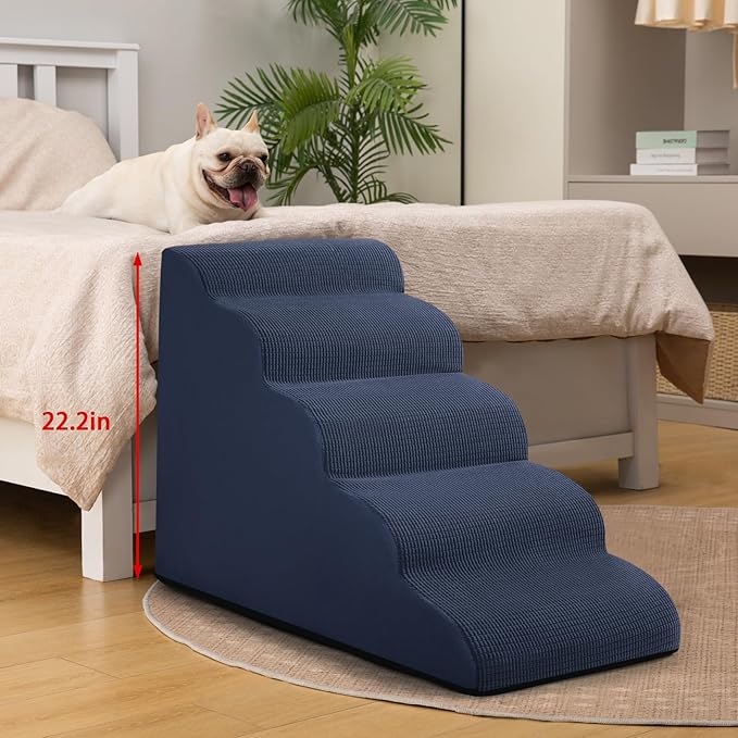 5-Step Dog Stairs and Ramp for High Bed, Non-Slip Sturdy Pet Steps for Small Dogs and Cats,22.2" H,Blue-PurrikoPets