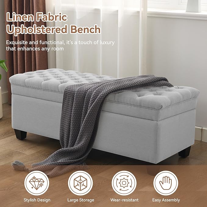 51" Fabric Storage Ottoman Bench, Upholstered Rectangle End of Bed Storage Ottoman Tufted Living Room Bedroom Bench with Safety Hinge, Solid Wood Legs, Loads 500 lb(Light Grey)-PurrikoPets