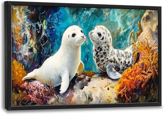 Extra Large Seal Framed Wall Art for Living Room,Oversized Underwater Animal Pictures Wall Decor,Ocean Coral Reef Canvas Print Painting Modern Artwork Bedroom Office Bathroom 36L" x 24W"-PurrikoPets