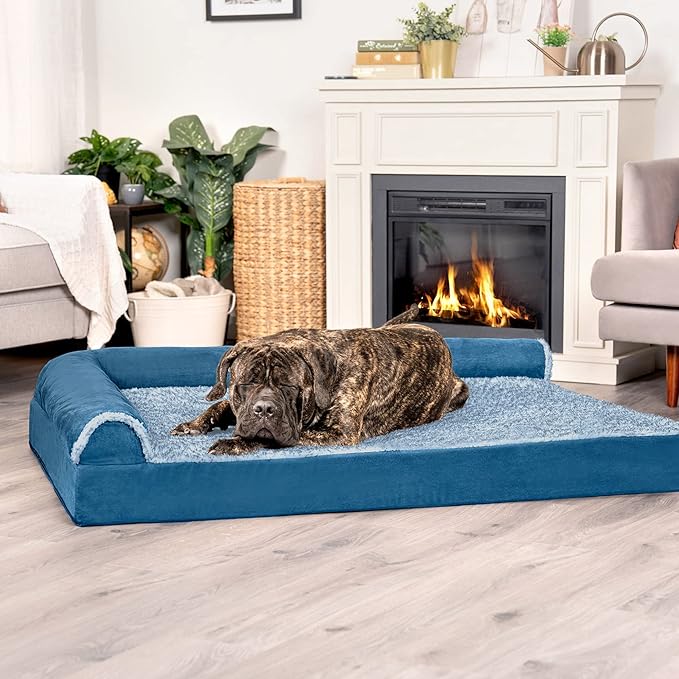 Furhaven Cooling Gel Dog Bed for Large Dogs w/ Removable Bolsters & Washable Cover, For Dogs Up to 125 lbs - Two-Tone Plush Faux Fur & Suede L Shaped Chaise - Marine Blue, Jumbo Plus/XXL-PurrikoPets