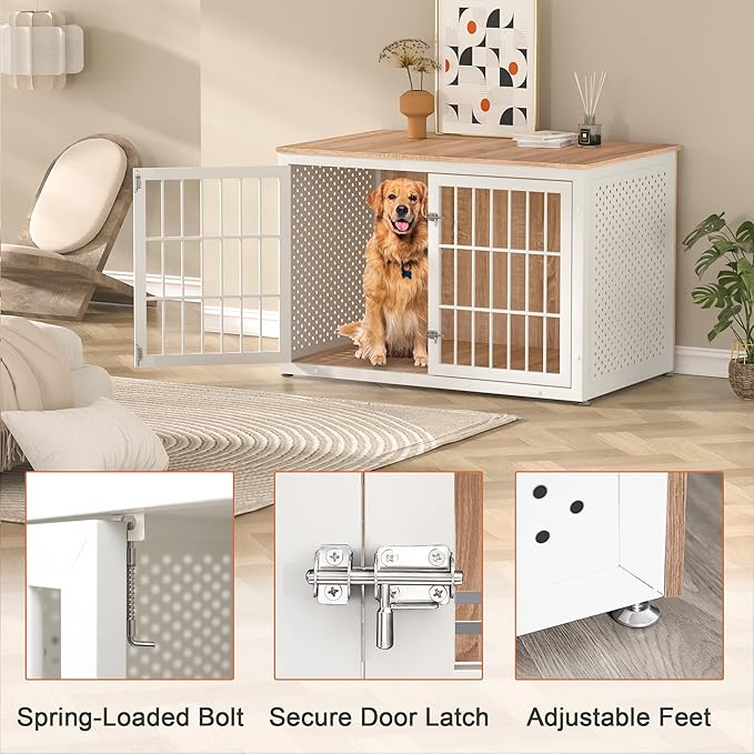 48" Heavy Duty Dog Crate Furniture for Large Dogs, Metal Kennel for High Anxiety Dogs, White Wooden Cage Furniture Indoor, Decorative Dog Kennel End Table, XL-PurrikoPets
