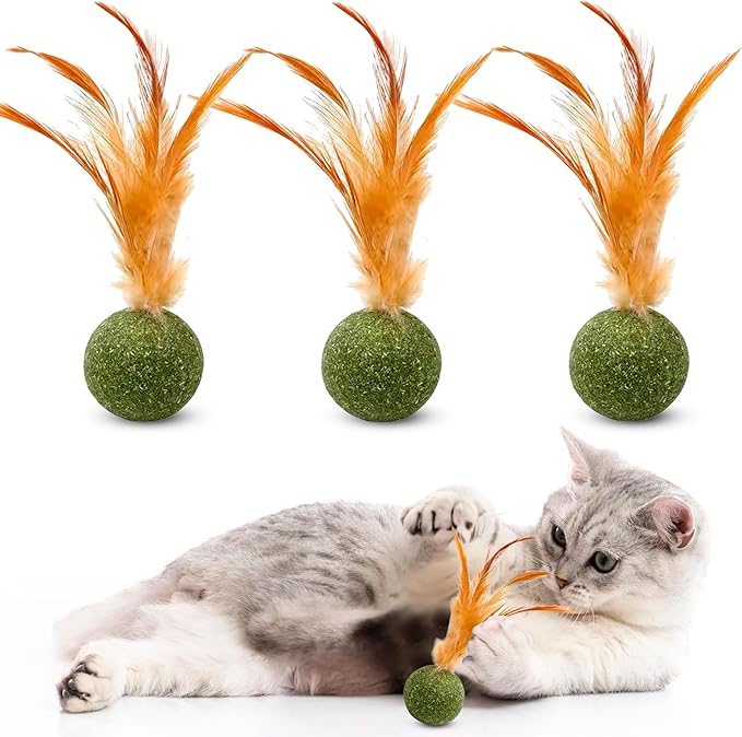 3 Pcs Catnip Balls with Feathers – Natural Catnip Toy for Play, Stress Relief & Healthy Enrichment Interactive Cat Toys Perfect for Indoor Cats & Kittens, Encourages Active Play & Wellness-PurrikoPets