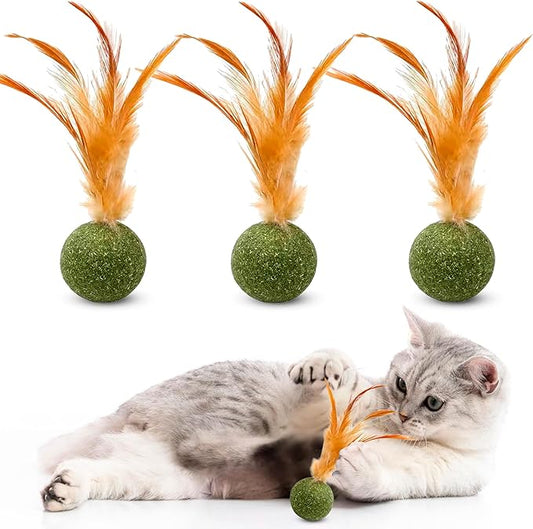 3 Pcs Catnip Balls with Feathers – Natural Catnip Toy for Play, Stress Relief & Healthy Enrichment Interactive Cat Toys Perfect for Indoor Cats & Kittens, Encourages Active Play & Wellness-PurrikoPets