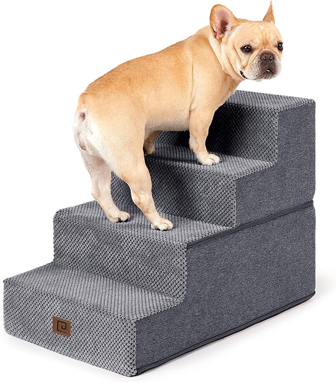 EHEYCIGA Dog Stairs for Bed 18" H, 4-Step Dog Steps for High Bed, Pet Steps for Small Dogs and Cats, Non-Slip Balanced Pet Ramp Indoor, Grey-PurrikoPets