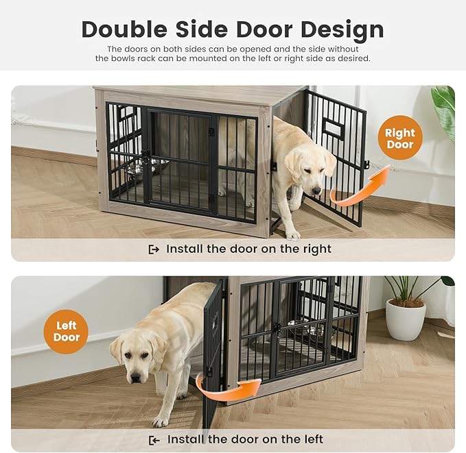 Gardner Pet Dog Crate Furniture for Medium Dogs, 32.7 Inch Dog Kennel Indoor, Wooden Dog Cage End Table with 2 Removable Bowls, Heavy Duty Dog Crate, Rustic Grey-PurrikoPets